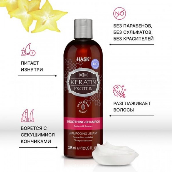 Шампунь для придания гладкости волосам с протеином Кератина Hask Keratin Protein Smoothing Shampoo, 355 мл.