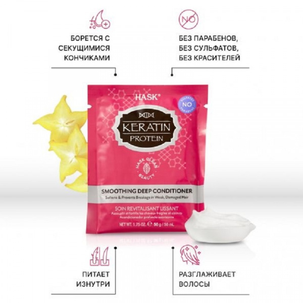 Кондиционер для придания гладкости волосам с протеином Кератина Hask Keratin Protein Smoothing Conditioner, 50 мл.