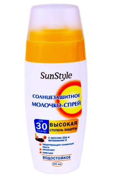 Молочко-спрей водостойкое солнцезащитное SunStyle SPF-30 UV (A+B), 125 мл Молочко-спрей водостойкое солнцезащитное SunStyle SPF-30 UV (A+B), 125 мл