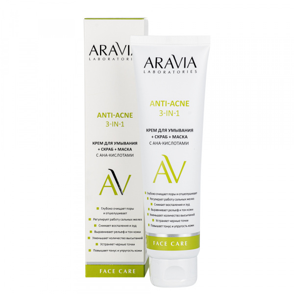 Крем для умывания + скраб + маска с АНА-кислотами Aravia Laboratories Anti-Acne 3-in-1, 100 мл