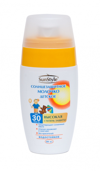 Детское молочко солнцезащитное водостойкое SunStyle SPF-30 UV (A+B), 100 мл Детское молочко солнцезащитное водостойкое SunStyle SPF-30 UV (A+B), 100 мл