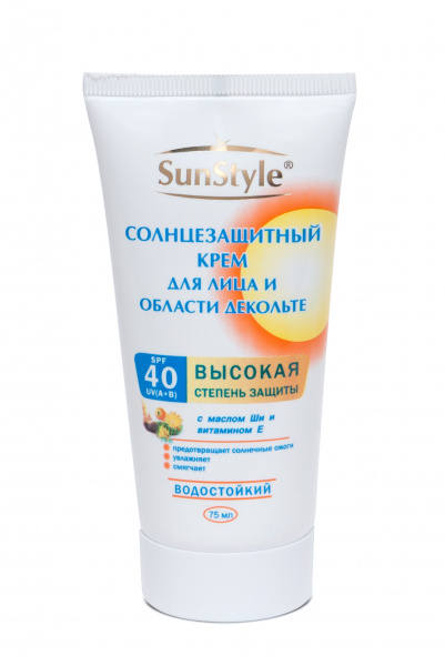 Водостойкий крем для лица и области декольте солнцезащитный SunStyle SPF-40 UV (A+B), 75 мл Водостойкий крем для лица и области декольте солнцезащитный SunStyle SPF-40 UV (A+B), 75 мл