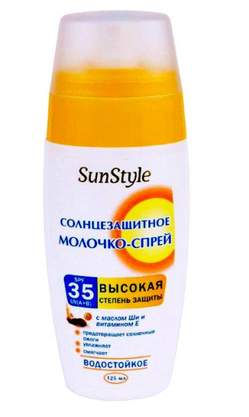 Водостойкое молочко-спрей солнцезащитное SunStyle SPF-35 UV (A+B), 125 мл Водостойкое молочко-спрей солнцезащитное SunStyle SPF-35 UV (A+B), 125 мл