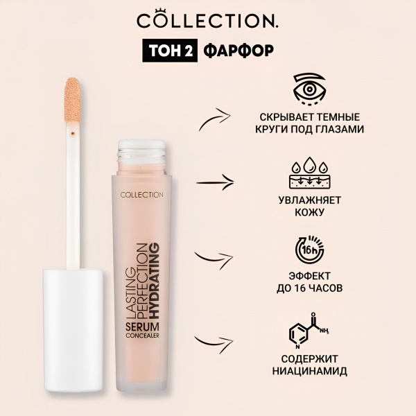 Увлажняющая сыворотка-консилер Тон 2 Collection Lasting Perfection Hydrating Serum Concealer 2 Porcelain W0437, 6,5 мл Увлажняющая сыворотка-консилер Тон 2 Collection Lasting Perfection Hydrating Serum Concealer 2 Porcelain W0437, 6,5 мл