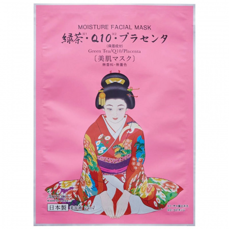 Увлажняющая тканевая маска для лица на основе зеленого чая и коэнзимов Q10 Aishodo Maiko Moisture Facial Mask Green Tea/Q10/Placenta, 10 шт