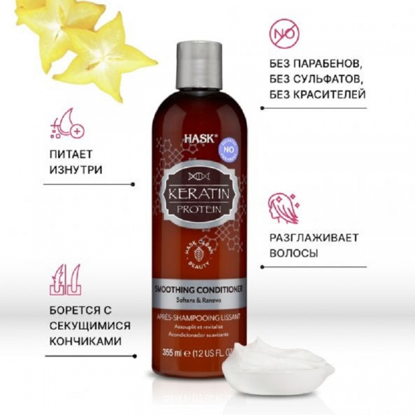 Кондиционер для придания гладкости волосам с протеином Кератина Hask Keratin Protein Smoothing Conditioner, 355 мл.