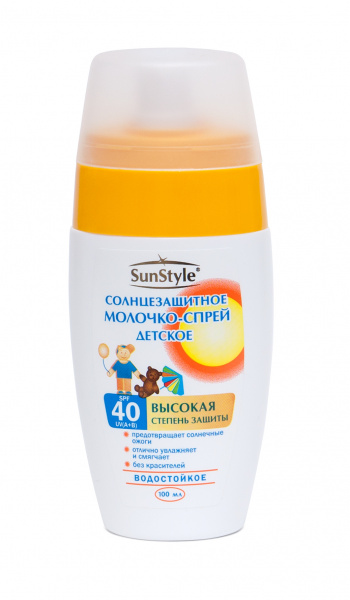 Детское молочко-спрей солнцезащитное SPF-40 UV (A+B) водостойкое SunStyle, 100 мл Детское молочко-спрей солнцезащитное SPF-40 UV (A+B) водостойкое SunStyle, 100 мл